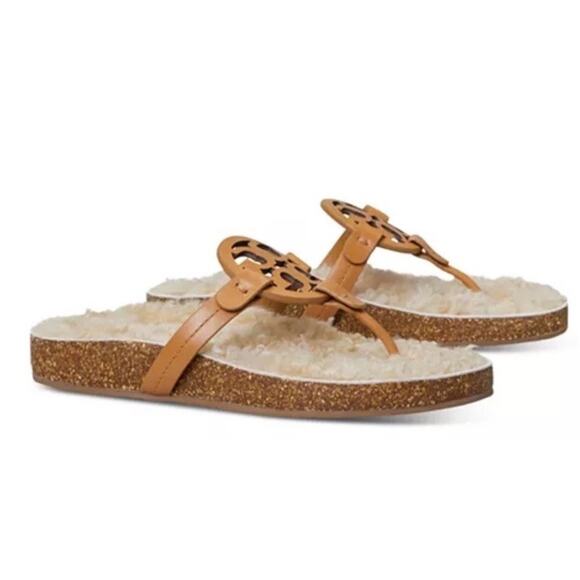 Tory Burch Miller Cloud Shearling Sandals Thongs Caramel Buttermilk Tan Size 7 - Picture 1 of 13